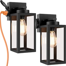 2-Pack Porch Lights Outdoor Wall Lantern,Black Outdoor Wall Light with Outlet,Wa