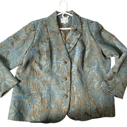 Erin London SZ 2X Blazer Lined Jacket Jacquard Tapestry Velvet Teal Gold Brown - Picture 7 of 21