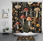 Plant Yellow Daisy Red Mushroom on Black Shower Curtain Set for Bathroom Decor