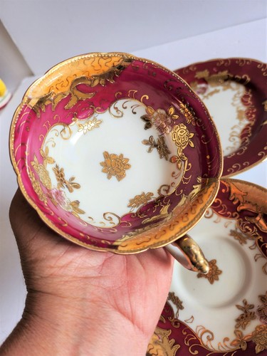 Vintage Chugai Foreign Japan Teacup & Saucer Trio Burgundy Gold Moriage Floral - Picture 11 of 15