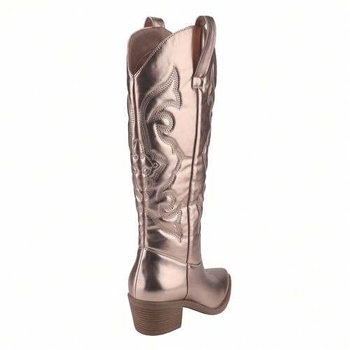 Women's Embroidered Western Cowboy Boots Mid Calf Pointed Toe Chunky Heel Shiny - 第 16/48 張圖片