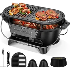 Cast Iron Grill w/ Interchangeable Grates & Griddle for Camping Picnic BBQ Grill