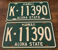 Vintage 1961 Base Hawaii License Plate Pair K-11390 1964 1965 1966 1967 1968