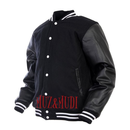 con nera in vera 2xs pelle in Varsity ~ pelle maniche 4xl Bomber Varsity nera qBwYHaa