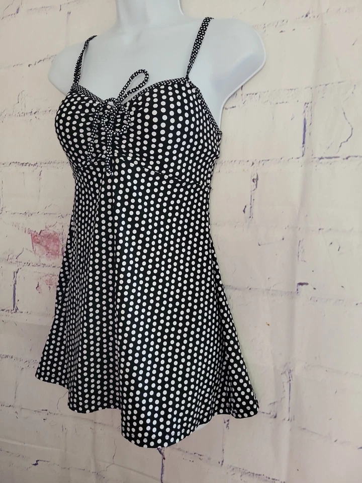Beach House Swimsuit Dress Tankini Top size 8 Black & White Polka Dot Adj. Strap - Image 3 of 4