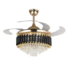 42" Luxury Gold Crystal Invisible Ceiling Fan Lamp Remote Control LED Chandelier