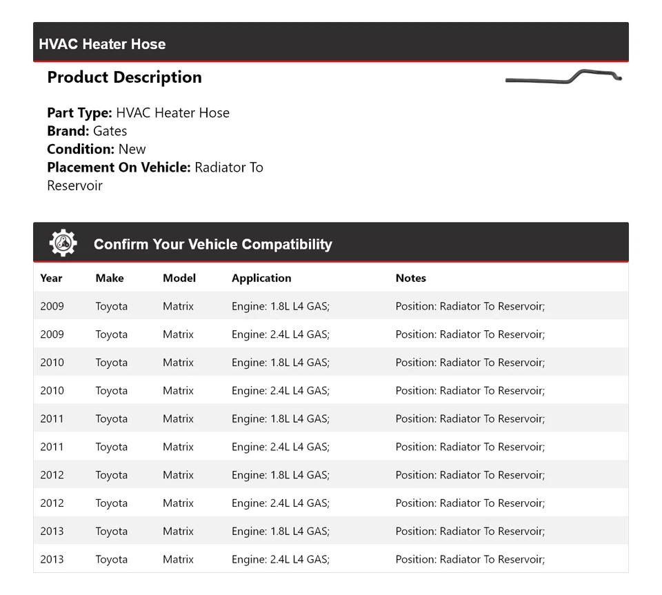 For 2009-2013 Toyota Matrix HVAC Heater Hose Radiator To Reservoir Gates 2010 - Image 2 of 3