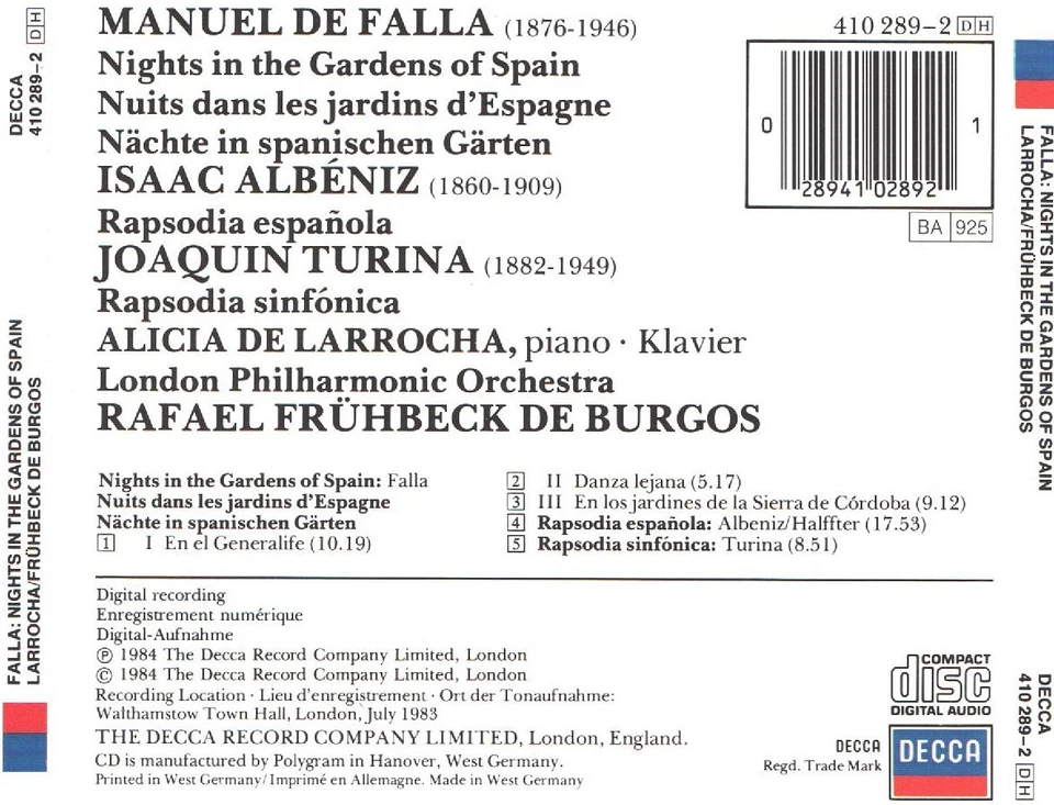 Falla - Nights In The Gardens Of Spain (CD 1984) Albéniz; Turina; De Burgos - Image 2 of 2