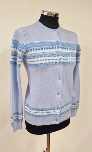 Woolovers Fair Isle Cardigan Size Small 8/10 Blue Christmas Pure Merino Wool 