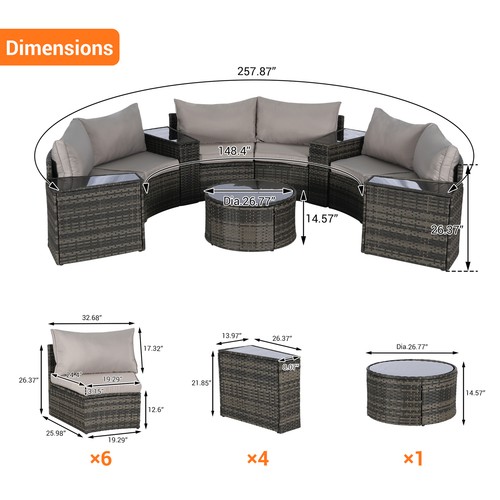 Outdoor Patio Furniture 11-Piece Half-Moon Sectional Round Patio Furniture Set S - Picture 5 of 5