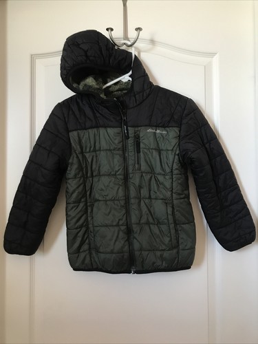 Eddie Bauer Jacket Boys S(7/8) Black/Green  Puffer Full Zip Hooded Reversible