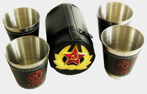 Russischer Wodka Schnappgläser Set 4x50ml im Etui mit rotem Sternhut Metallabzeichen - Bild 2 von 7