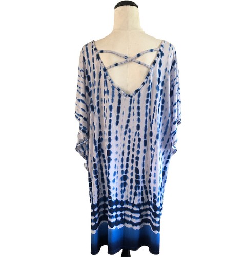 Dotti Women’s Sz XL Tunic Top Blue Tie Die Print V-Neck Stretch Crisscross Back - Picture 2 of 5