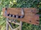 Metal coat rack belt design on oak wooden board, handmade, handcrafted unique