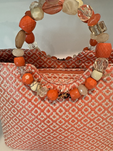 VTG Straw Purse Beaded Handles Cappelli Straworld Bag Orange Twisted Woven - Picture 3 of 11