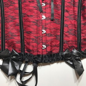 Red Black Floral Lace Up Corset Top w/ Ruffle & Ribbon Detail Womens Size XL