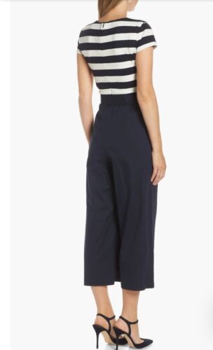 1901 Blue, White Stipe Ponte Crop Jumpsuit Back Zip Wide Leg Cap Sleeve Belt NWT - Picture 2 of 14