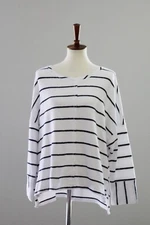 HABITAT French Terry Boxy Crewneck Shirt : White + Navy Stripe, Women’s L Large