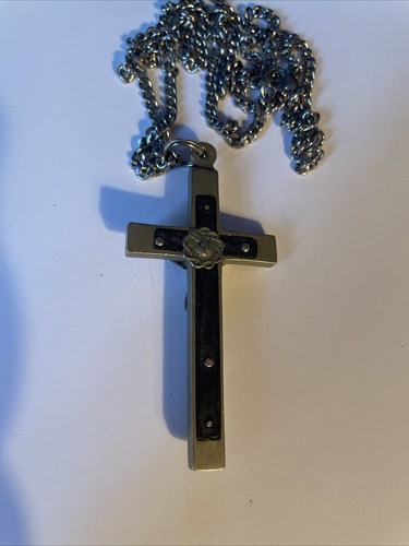 Silver Silver Tone Chain Withlarge Cross, Silver And Black Tones   - Picture 3 of 5
