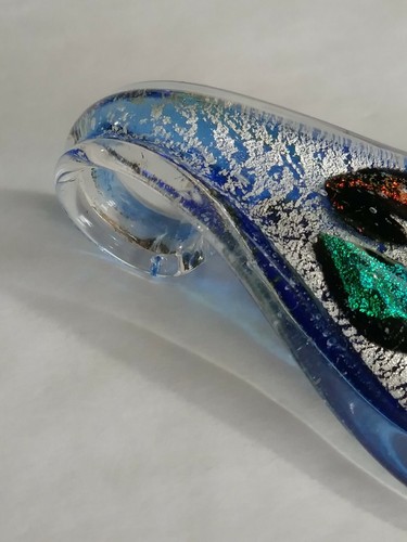 Art Glass Pendant Blue & Clear Glass Dichroic Silver Green Blue & Orange 2" - Picture 3 of 8