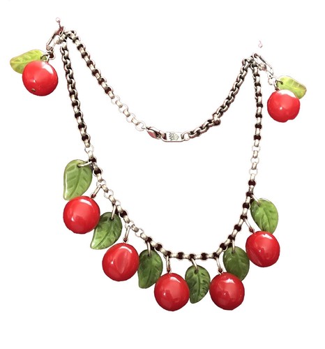 Necklace + Earrings Vintage Retro Classic Hardware Red Cherries and Green Leaves - Picture 1 of 7