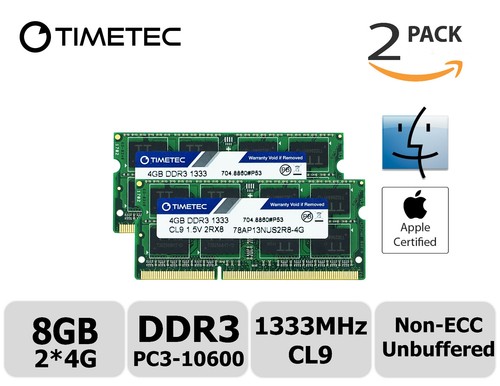 Timetec 2x4GB DDR3 1333MHz PC3-10600 Non-ECC 1.5V 2Rx8 SODIMM Apple Memory RAM - Picture 1 of 2