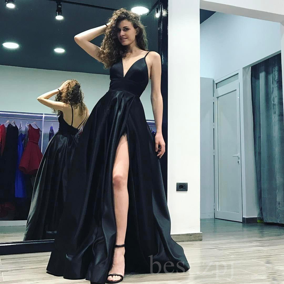 Sexy tiefem V-Ausschnitt Split Abendkleider Spaghetti-Trägern Satin Abendkleid Sexy tiefem V-Ausschnitt Split Abendkleider Spaghetti-Trägern Satin Abendkleid