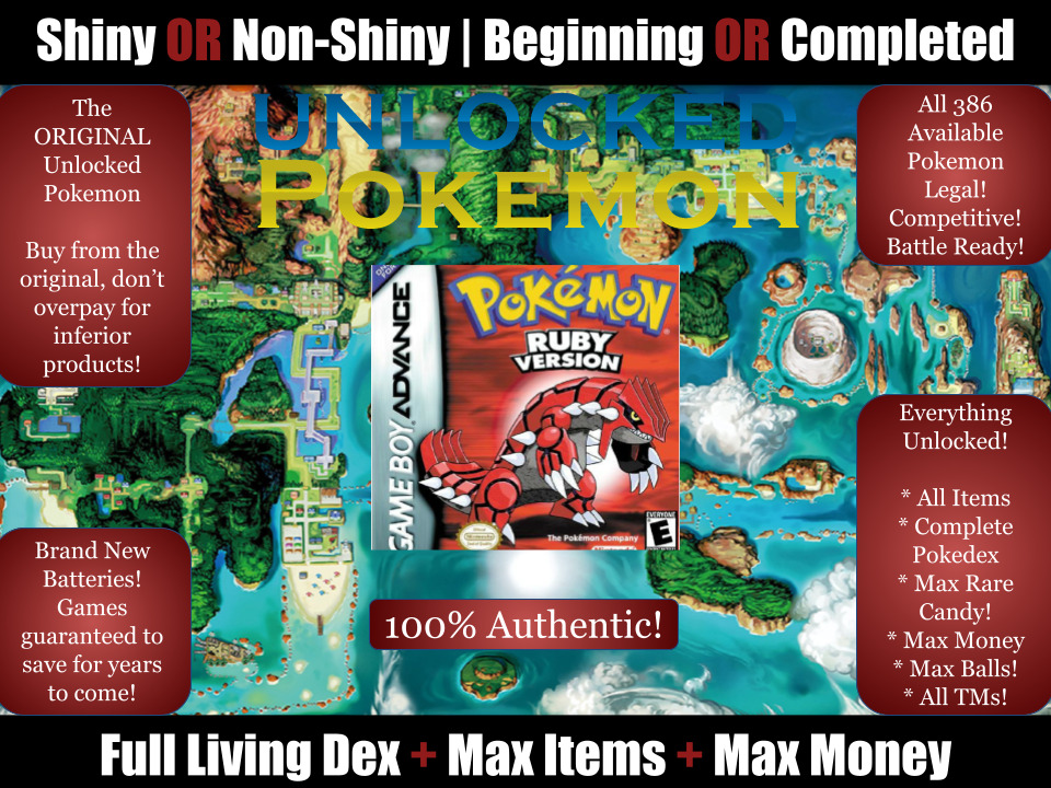 S L960 Authentic Unlocked Pokemon Ruby + All 386 Pokemon Legal, Max Items, Max Money