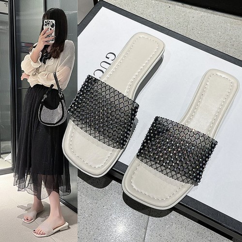 Women Flat Slip On Mesh Rhinestone Slippers Square Oppen Toe Fashion Sand Shoes - Picture 3 of 7