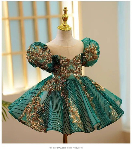 Luxury Party Green Gold Dresses Girls Photo Shoot Gown Evening Formal Lace Dress - Picture 21 of 31