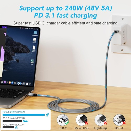 ULT-WIIQ 1FT Nylon Braided USB C to USB C 3.2 Gen2x2 4K@144Hz Video Cable - Picture 3 of 7