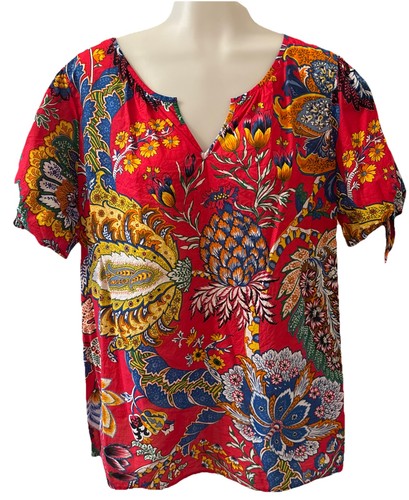 Talbots Shirt Damen XL schöne Farben Blumenmuster kurze Bindeärmel Baumwolle Oberteil