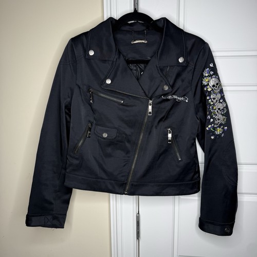 Ed Hardy by Christian Audigier Y2K Women’s Moto Embroidered Jacket Size Large - Picture 2 of 14