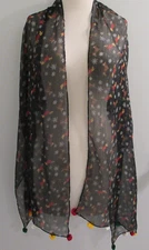 Cejon Christmas Scarf Wrap w/ Pom Poms Black Sheer Chiffon 70" x 20" Weiner Dog