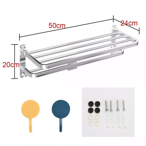 Double Tier Towel Rail Holder Wall Mounted Bathroom Rack Shelf With Hook Folding - Picture 5 of 22