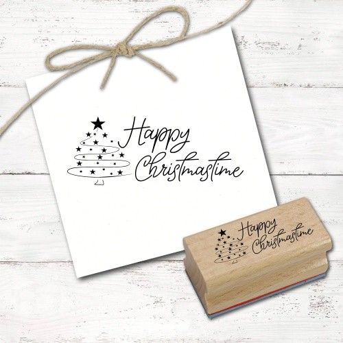 Motivstempel Happy Christmastime - Weihnachtsstempel Stempel Tannenbaum Holzstem-image