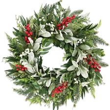 24" Realistic Christmas Wreath with Red Berries, Winter Eucalyptus Artificial...