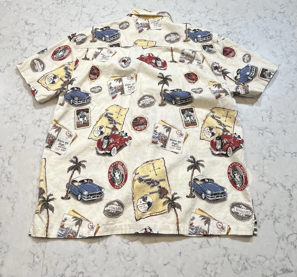 Big Dogs Hawaii Hot Rod Car Aloha Shirt Linen Cotton Button Front Large - Image 2 of 4