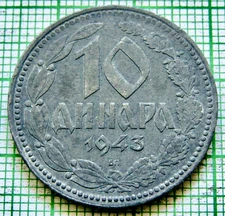 SERBIA 1943 БП 10 DINARA, WWII GERMAN OCCUPATION Coinage, ZINC km# 33