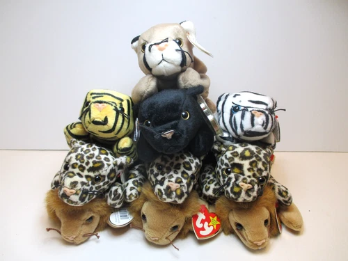 Vtg Lot of 10 Big Cats Beanie Babies Canyon Velvet Freckles Roary Blizzard