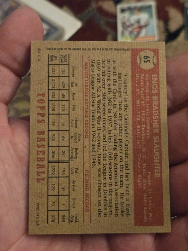 1957 Topps Enos Slaughter #215 autógrafo 2001 reimpresión tarjeta HOF CARDINALS YANKEES Foto 3 de 4