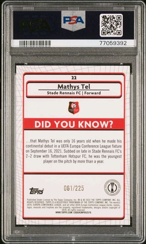 2021-22 Topps Merlin Chrome UEFA #22 Mathys Tel Yellow Wave #/225 Rookie PSA 10 - Picture 2 of 2