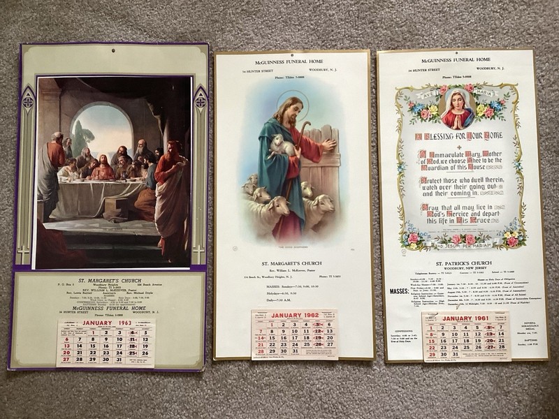 LOT OF 3 VINTAGE (1961,62,63) CALENDARS WOODBURY NJ ST PATRICKS, ST MARGARETS