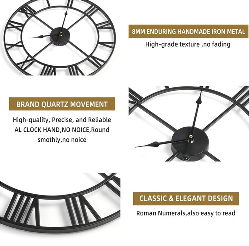 Orologio Da Parete Moderno Vintage art deco 40x40cm Grande Silenzioso nero - Foto 5 di 7