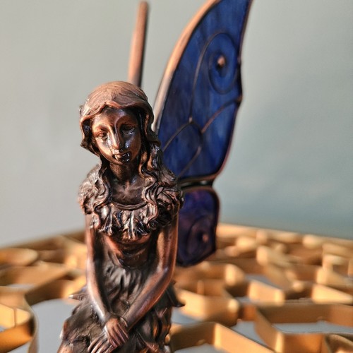 Bronze Fairy Kneeling Figurine Flying Stained Glass Wings 6" Tall - As Is