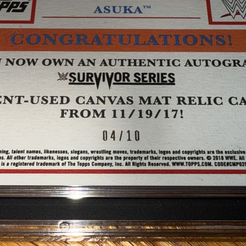 2018 Topps Heritage WWE Asuka 2017 Survivor Series Mat Auto /10 SGC 8 RARE - Picture 7 of 7