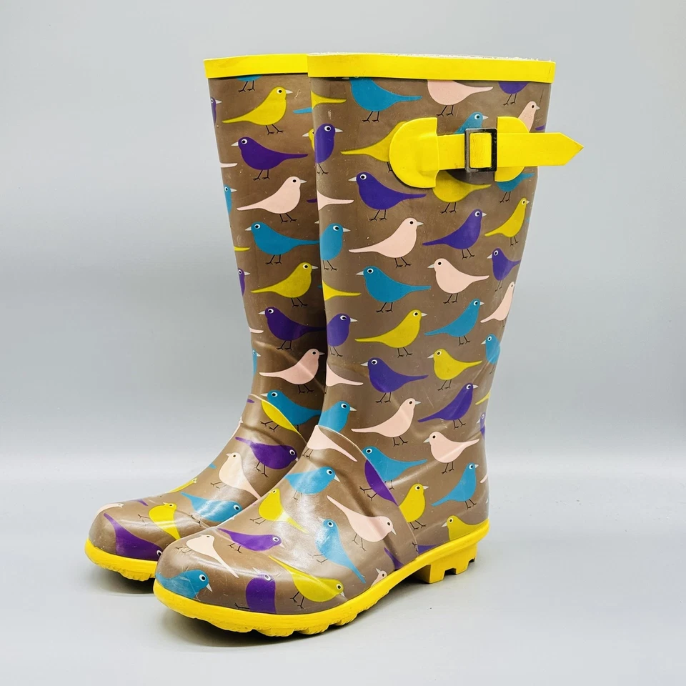 Mini Boden Botas Jóvenes Niñas 3 Amarillo Marrón Lluvia Estampado Pájaro Goma Alto Foto 4 de 4