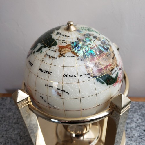VTG Japan Quartz MANTLE CLOCK Rotational WORLD TIME Brass Globe Gemstone Inlay - Picture 3 of 14