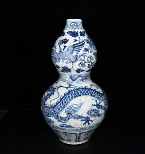 14.4" old antique yuan dynasty blue white porcelain dragon phoenix gourd bottle - Imagen 9 de 9