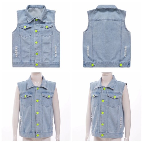 Kids Unisex Ripped Denim Vest Turn-Down Collar Sleeveless Jean Jacket Waistcoat - Picture 5 of 21